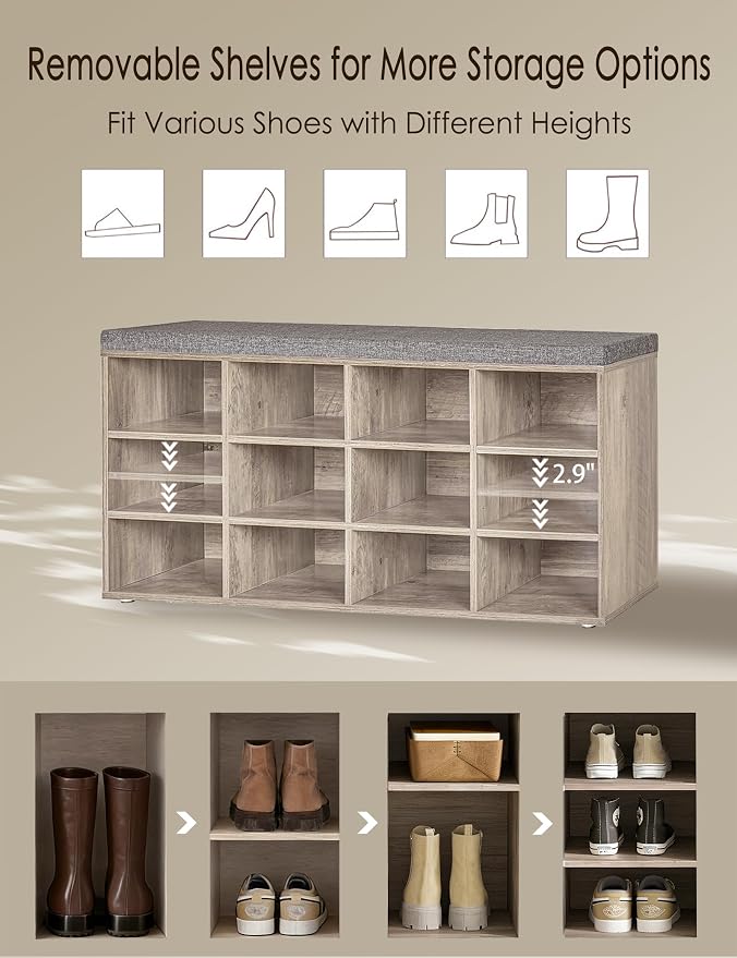 DINZI LVJ Shoe Storage Bench with Cushion, Cubby Rack with 12 Cubbies, Adjustable Shelves, Multifunctional Organizer Bench for Entryway, Mudroom, Hallway, Closet and Garage, Greige