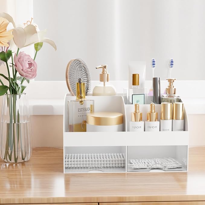 Makeup Organizer with Drawers, Cosmetic Storage for Dresser Vanity and Bathroom Countertop, Beauty Holder for Lipstick Brush, Skincare Organizer for Vanity, Cosmetic Display Case (White-2P)