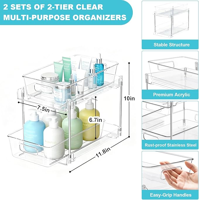 2 Tier Under Sink Organizer Bathroom Organizers and Storage, Clear Stackable Bathroom Cabinet Organizer, Multipurpose Pull-Out Home Organizer for Kitchen and Pantry Storage 2 Pack