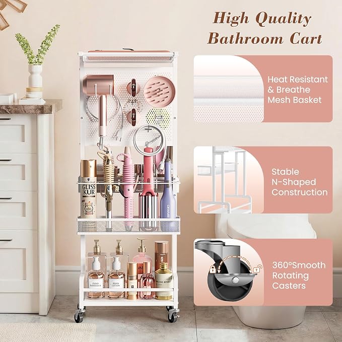 Hair Tool Organizer Cart with Hair Dryer Holder, Narrow Bathroom Storage Cart for Curling Flat Iron & Hot Tools, Slim Hair Appliance Organizer for Vanity Styling Tools, Salon Cart with Tray on Wheels