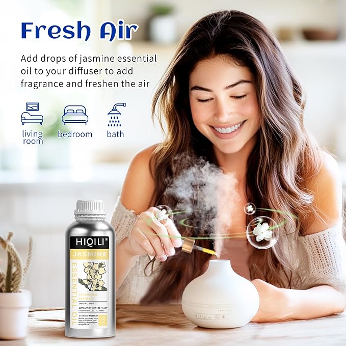 HIQILI Jasmine Essential Oil, Pure & Natural Jasmine Oil for Diffuser, Perfume, Shampoo, Aromatherapy-32 Fl Oz/1000 ML