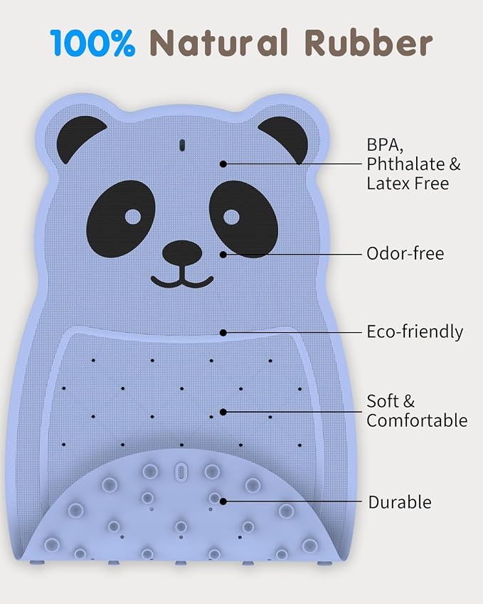 Panda Bathtub Mat Non Slip Kids Natural Rubber Low Odor, Bath Mat for Tub Non Slip for Baby 32"x18", Anti-Slip Surface and Strong Suction Cups Dual Anti-Slip, Machine Washable, Blue