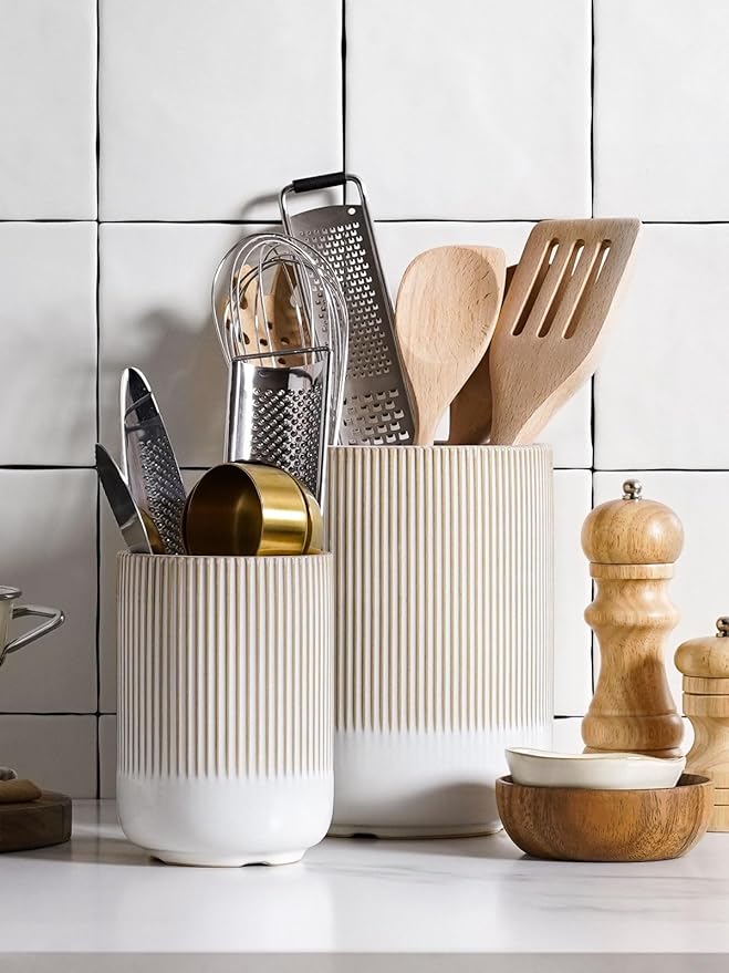 LE TAUCI Utensil Holder for Kitchen Counter, 7.3"+5.4" Fluted Ceramic Utensil Crock Organizer for Countertop, Heavy Large Holder for Spatulas, Spoons, Set of 2, Warm White Glaze
