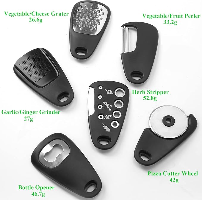Kitchen Gadgets Set 6 Pieces, Space Saving Cooking Tools Kitchen Accessories-Garlic Grinder, Cheese Grater, Vegetable Peeler, Pizza Cutter, Herb Stripper, Bottle Opener, Gadgets Gift Set (Black)
