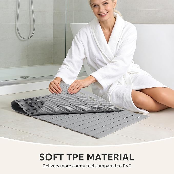 OTHWAY Non Slip Shower Mat, 36.6" x 16.9" Soft Bath Mat for Tub Non Slip, Anti Slip Shower Mat with Suction Cups, Easy to Cut Shower Floor Mat, Machine Washable Bathtub Mat, Light Grey