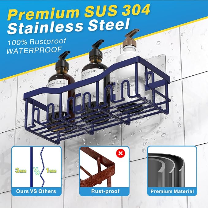 EUDELE 2 Pack Shower Caddy, Adhesive Organizer for Bathroom & Kitchen Storage, No Drilling, Rustproof Stainless Steel Shelf Organizer