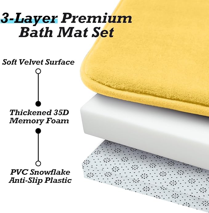 HUXMEYSON Bathroom Rugs Sets 3 Piece, Non-Slip & Quick Dry Bath Mat Set, Ultra Soft Velvet Bath Rugs for Bathroom, Toilet and Shower Floor, Yellow