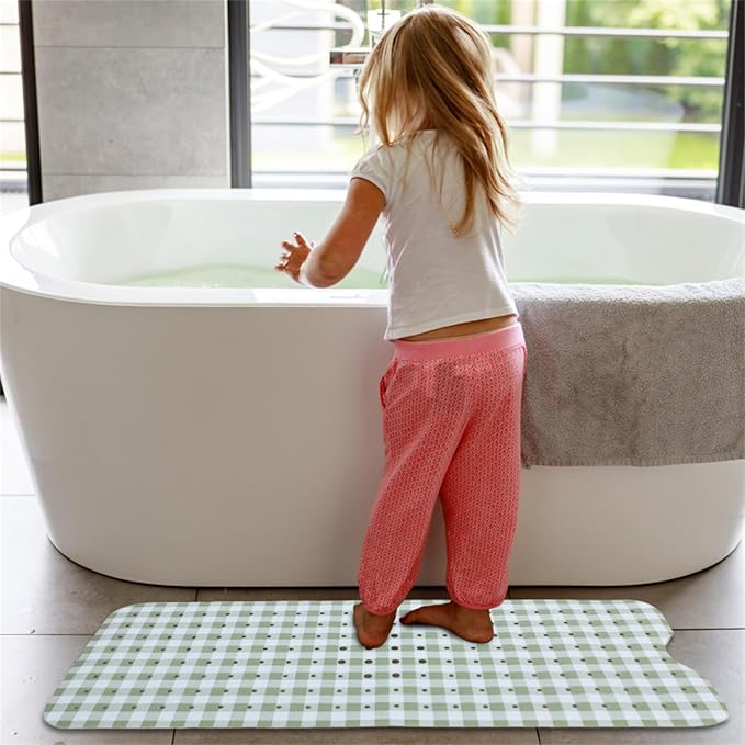 Green Bathtub Mat Non Slip 40x16 Inch Extra Long Bath Mat, Checkered Modern Art Shower Mat, Bath Mat for Tub Anti Slip with Large Drain Holes Suction Cups, Geometric Design Bathroom Mat Green