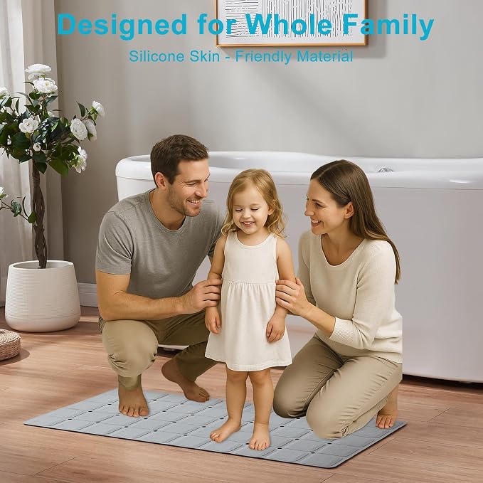 Webos Non-Slip Bath Mat for Tub & Shower：Silicone Foldable Bathtub Mat with Strong Suction Cups, Quick Drain Holes, Machine Washable Extra Large Bathroom Mats 35.8" x 17.7", Grey