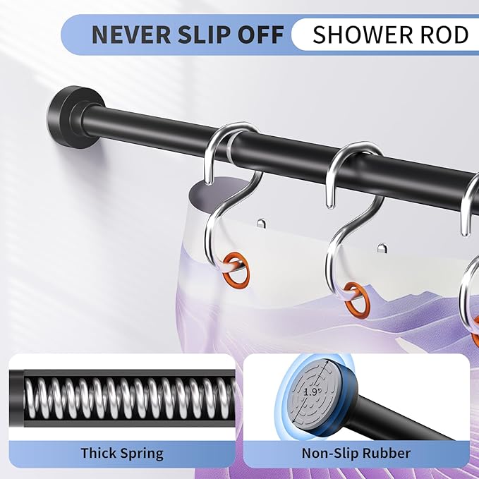 Black Shower Curtain Rod 34-82 Inches(2.8-6.8ft) Never Rust Adjustable Shower Rod Spring Tension Non Slip No Drilling Shower Rods for Bathroom Garland Window