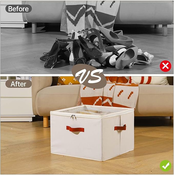 INSTY Shoe Organizer for Closet, 2 Pack Foldable Shoe Storage Containers, Fits up to 16-32 Pairs, Adjustable Dividers for Shoe Organizer, Fabric Shoe Storage Bins with Clear Cover, Beige
