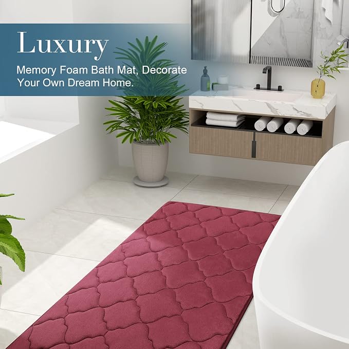 OLANLY Memory Foam Bath Mat Rug 40x32, Ultra Soft and Absorbent Bathroom Rugs, Non-Slip, Comfortable, Machine Washable Bath Carpet for Bathroom Floor, Tub, Shower and Home Decor Accessories, Burgundy