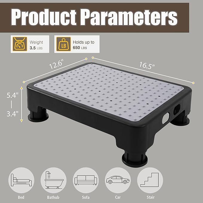 CHIKILLA Adjustable Step Stool for High Beds Cars, 650lb Heavy Duty Bed Step for Elderly, Non-Slip Mobility Platform for Bathtub, Kitchen, SUV, 4 Height Levels 3.4-5.4" Portable Stair Assist, Black