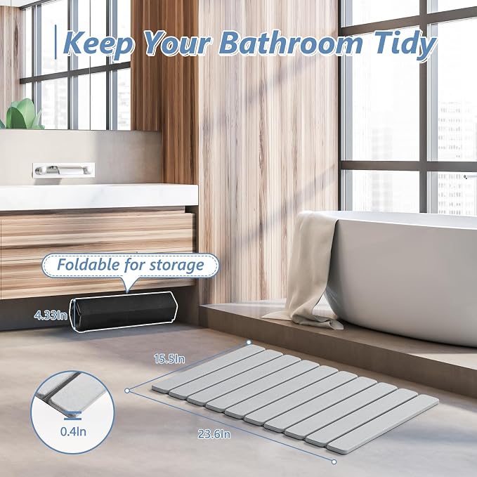 AWW Foldable Stone Bath Mat, Quick Dry Diatomaceous Earth Bath Mat with Non-Slip Mat, Super Absorbent, Easy to Clean, Compact for Small Bathrooms, 23.6 x 15.5, Light Grey