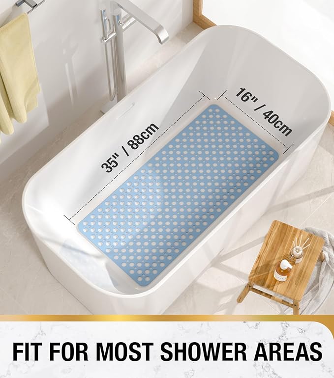 HITSLAM Bathtub Mat Non Slip, 35 x 16 Inch Long TPE Bath Mat for Tub, Efficient Drainage Bathroom Shower Mat with Suction Cups, Bath Tub Mat, Soft on Feet and Easy to Clean, Blue