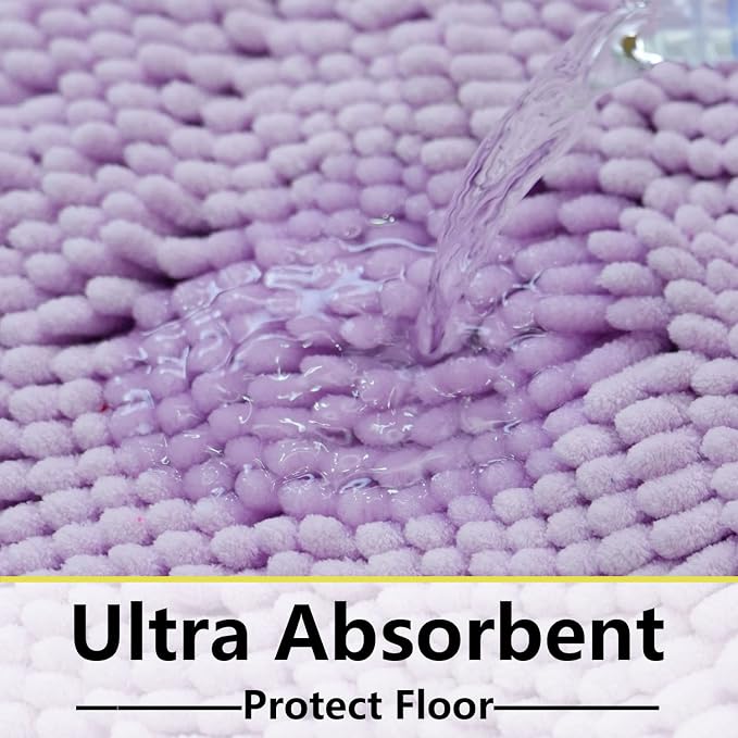 Bathroom Rugs Chenille 3-Piece Extra Soft and Absorbent Shag Bathroom Rugs, Machine Wash Mat, Strong PVC Non-Slip Underside, Plush Carpet Mats, Lavender