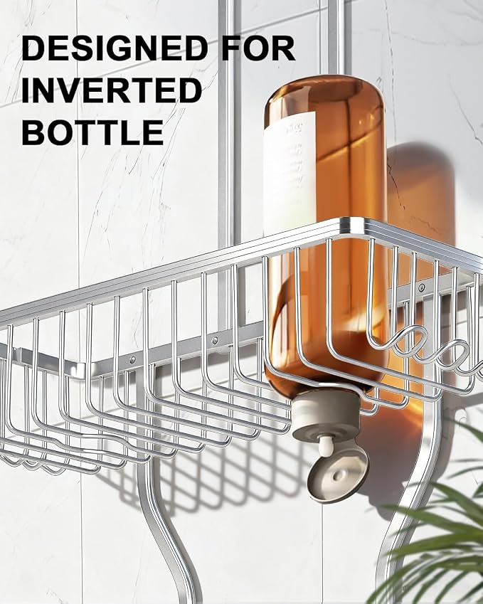 Shower Caddy Hanging - Never Rust Shower Hanging Organizer - Aluminum Over the ShowerHead Caddy with Soap Basket and 6 Hooks for Razor/Sponge (Shiny Silver)