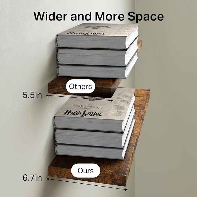BAYKA Floating Shelves for Wall, Set of 3, 22.5 Inch Rustic Wood Wall Mounted Shelving for Bathroom, Bedroom, Living Room or Kitchen, Hanging Display Decor Book Shelf with 22 lbs, Rustic Brown