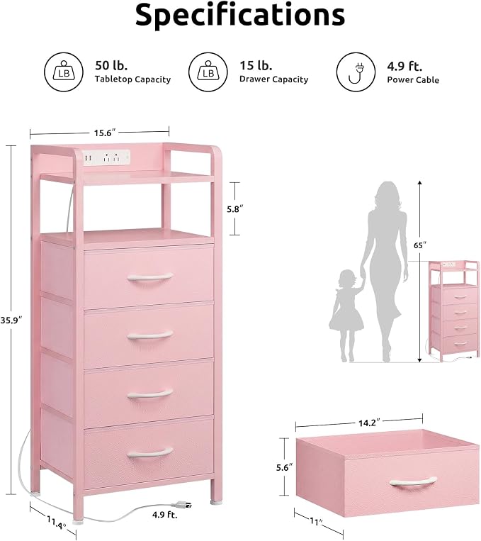Lazzanto Night Stand Bedside Charger Bedroom - Nightstand with Charging Station & LED Light Strip, Night Stand with Storage Shelf & 4 Fabric Drawers, Morden End Table with USB Ports&AC Outlets,Pink