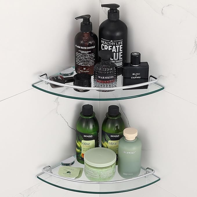 2 Ties Glass Corner Shelf with SUS 304 Stainless Steel Rail Chrome Finished, Esquinero para baños, Rustproof Tempered Glass Shelf, Shower Caddy Organizer 9.8" x 9.8"