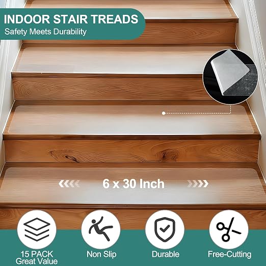 Clear Indoor Stair Treads for Wooden Steps Non Slip, KOOTETA 15 Pack 6" x 30" Transparent Anti Slip Tape for Stairs,Waterproof Weather Resistant Grip Tape,High Traction Adhesive Non Slip Stair Treads