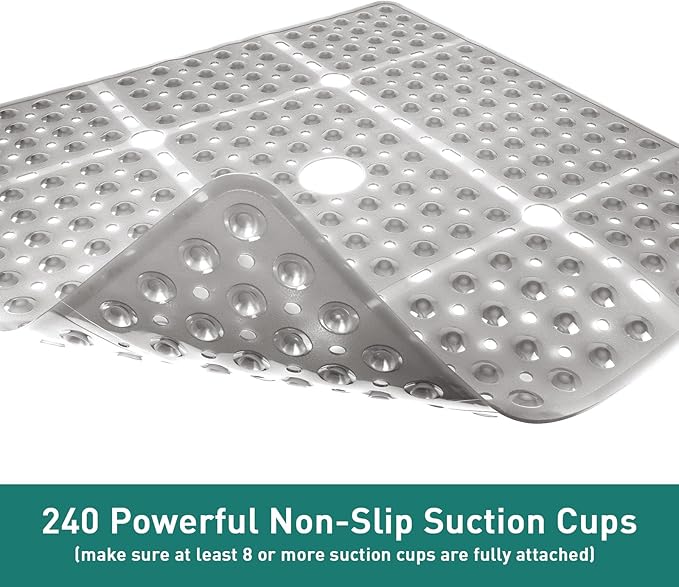 Large Square Shower Mat 27 x 27 Inch Clear Gray, Non Slip Shower Bathtub Mats for Inside Shower with Big Suction Cups Drain Holes, Anti Slip Bathroom Floor Stall Mats, Easy Clean, BPA-Free