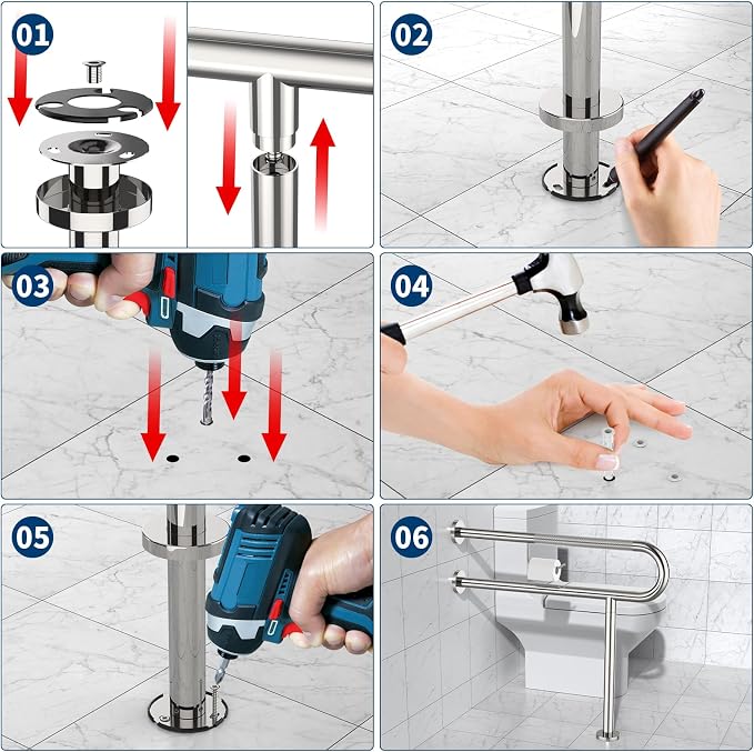 Toilet Grab Bar with Leg 31.5x28 Inch, ZUEXT Chrome Knurled Toilet Support Bar with Toilet Paper Holder,Stainless Steel Wall & Floor Mounted Bathroom Support Rail for Seniors Elderly Disabled Pregnant