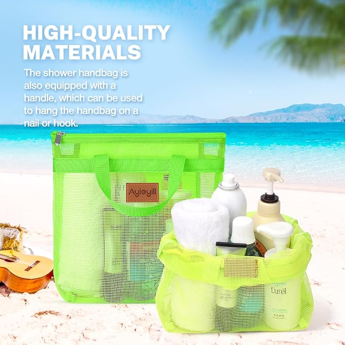 Portable Mesh Shower Caddy Tote, Quick Dry Tote Bag Mesh Beach Bags for Women, Hanging Toiletry and Bath Organizer for Travel Swimming Sports Gym Camp Shopping College Dorms (2pcs,Green-Yellow)