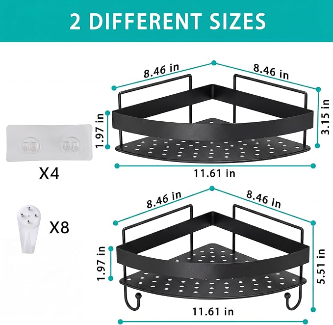 Corner Shower Shelves, 2-Tier Black Shower Candy with 4 Hooks, Stainless Steel Bathroom Shower Organizers, Wall Mounted Caddy Shelves No Drilling with Adhesive, Triangle Storage Shelf for Toilet