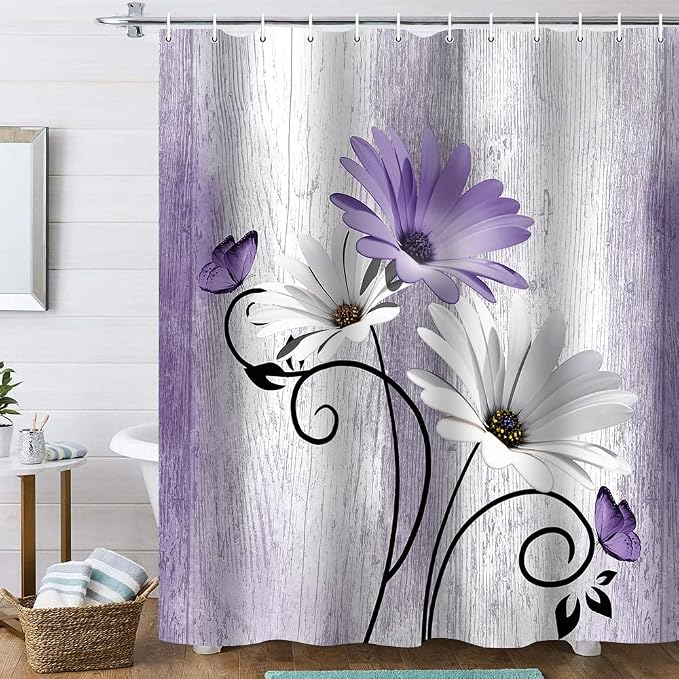 Onalasyc 4PCS Purple Daisy Flowers Plants Shower Curtain Set,Shower Curtain and Carpet and Accessories,Waterproof Bathroom Shower Curtain Decorative Set, with 12 pcs Hooks,71 x 71in