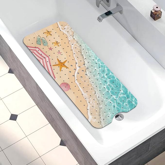 Bathtub Mat Non Slip, Beach Extra Long Bath tub Mat Shower Floor Mat with Suction Cups and Drain Holes for Adults Kids Elderly 40 X 16 Inch