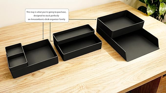 Amazon Basics Rectangular Plastic Desk Organizer with Storage Trays, Accessory Tray for Office Supplies and Pen Holder, 9.4 x 6.7 x 2 inch, Black