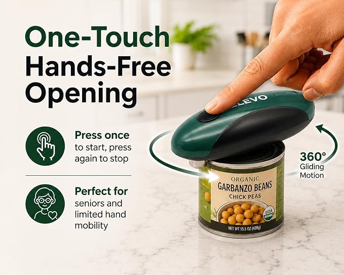 ELEVO Electric Can Opener – USB-C Rechargeable, Hands-Free Automatic Tin Opener | 360° One-Touch Smooth Edge, Magnetic Lid Lifter & Stuck Lid Remover | Portable & Safe Kitchen Tool