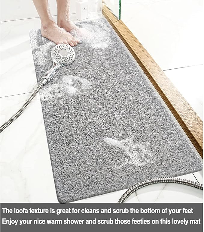Shower Mat Non Slip Without Suction Cups, 32x17 Inch, PVC Loofah Bath Mat for Textured Tub Surface, Bathroom, Bathroom, Quick Drying (Grey)