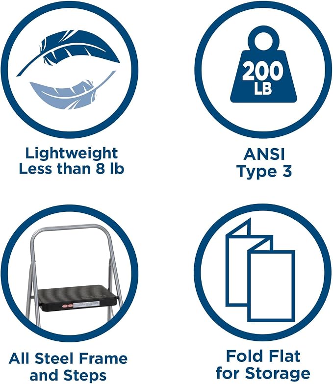 CoscoProducts COSCO 11137PBL1E 2 Household Folding Step Stool, ANSI Type 3, 200 lb Weight Capacity, Platinum