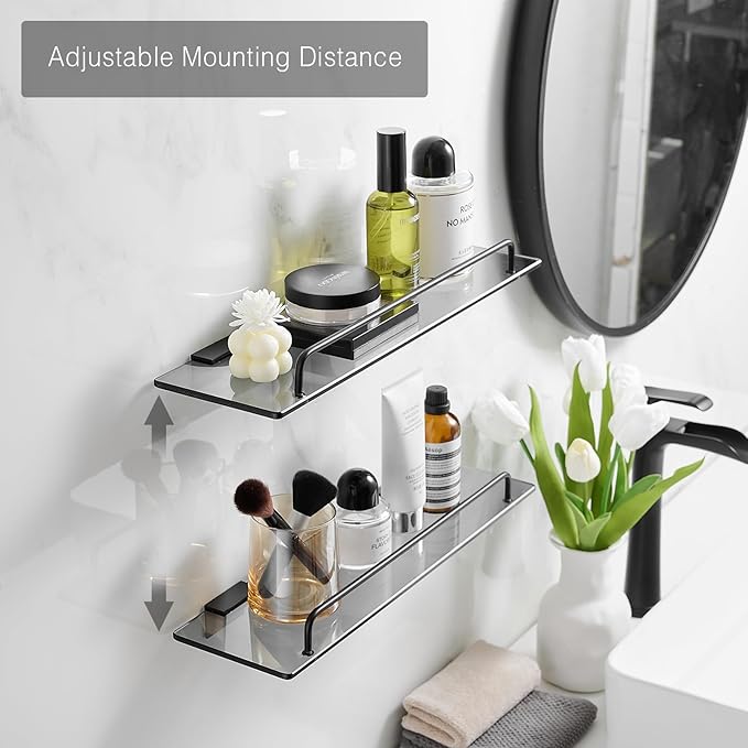 Voldra Glass Shelf for Bathroom, 2 Pack Adhesive Shower Shelves for Inside Shower No Drilling, Tempered Glass Showers Organizer with Guardrail Bathroom Shelf Storage Rack (Black)
