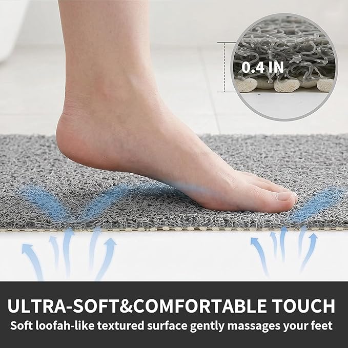 Square Shower Mat Non Slip, 27 x 27 Inch Grey Shower Floor Mat Without Suction Cups, Quick Drying Foot Scrubber PVC Loofah Bath Mats for Bathroom, Tub, Wet Area