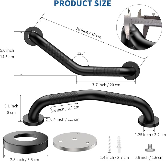 16 Inch Angled Shower Grab Bar,Munzong Black Anti Slip Bathroom Grab Bar, Knurled Bathroom Balance Bar,Safety Hand Rail Support Handicap Elderly Injury Senior Assist Bath Handle