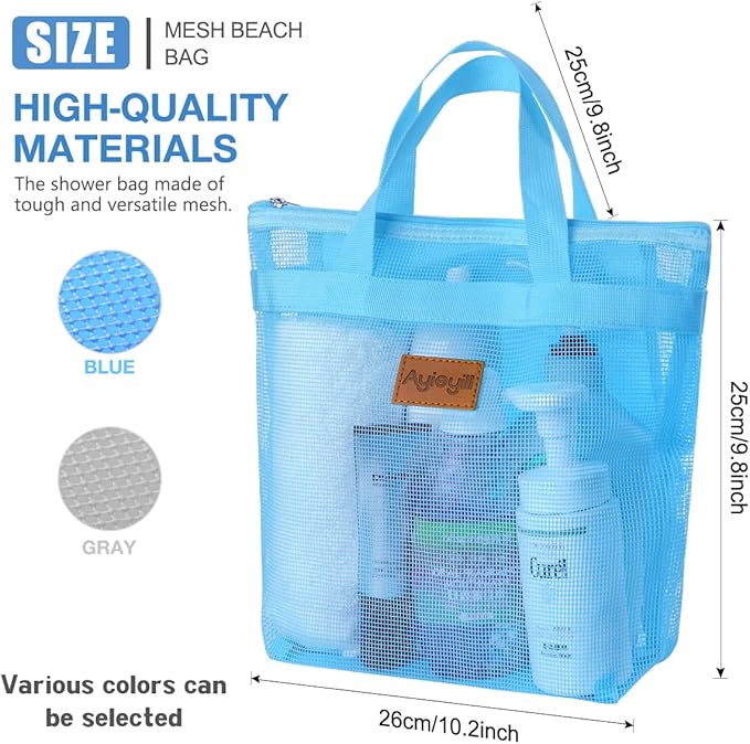 Portable Mesh Shower Caddy Tote, Quick Dry Tote Bag Mesh Beach Bags for Women, Hanging Toiletry and Bath Organizer for Travel Swimming Sports Gym Camp Shopping College Dorms (2pcs,sky Blue-Gray)