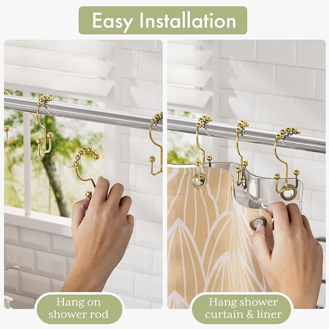 Amazer Gold Shower Curtain Hooks Rings, Stainless Steel Shower Curtain Rings, 12Pcs Double Glide Shower Hooks for Bathroom Shower Curtain Rods Dual Rust-Resistant Shower Rings