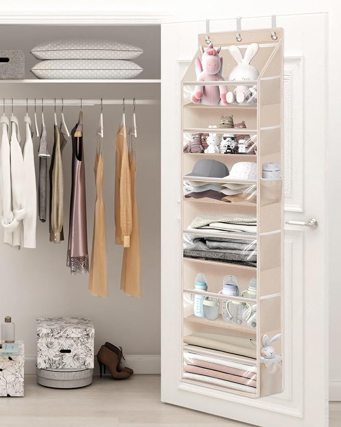 STORAGE MANIAC Over the Door Organizer 6-Shelf Closet Hanging Storage with 14 Mesh Pockets, 66lbs Capacity Clear Deep Pockets Behind Door Storage for Nursery, Bathroom, Bedroom, 1 Pack Oat Beige