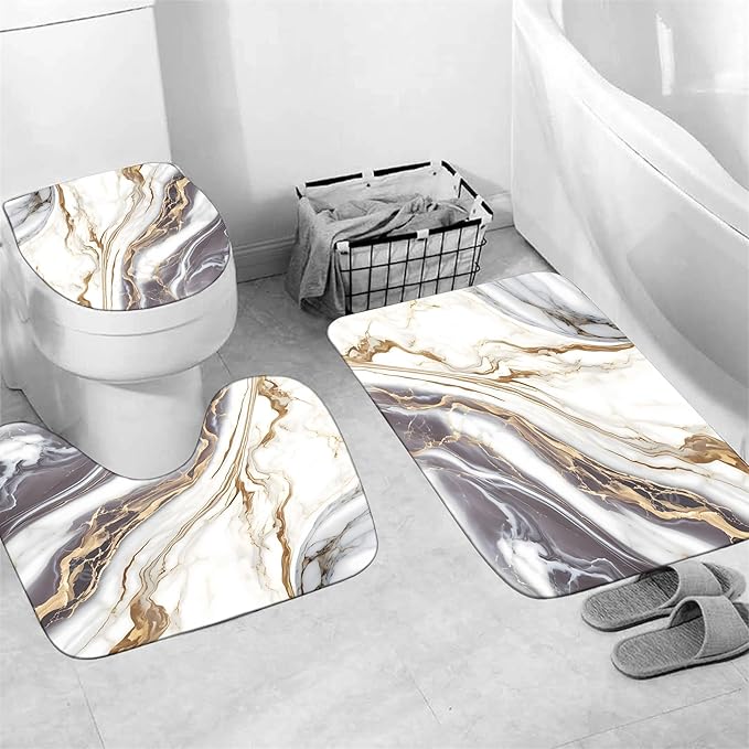 Nkzply 4 Pcs White Marble Shower Curtain Set Grey Bathroom Sets with Shower Curtain and Rugs Gold Modern Abstract Bathroom Decor Accessories Gray Bathroom Rugs Toilet Lid Cover with Hooks