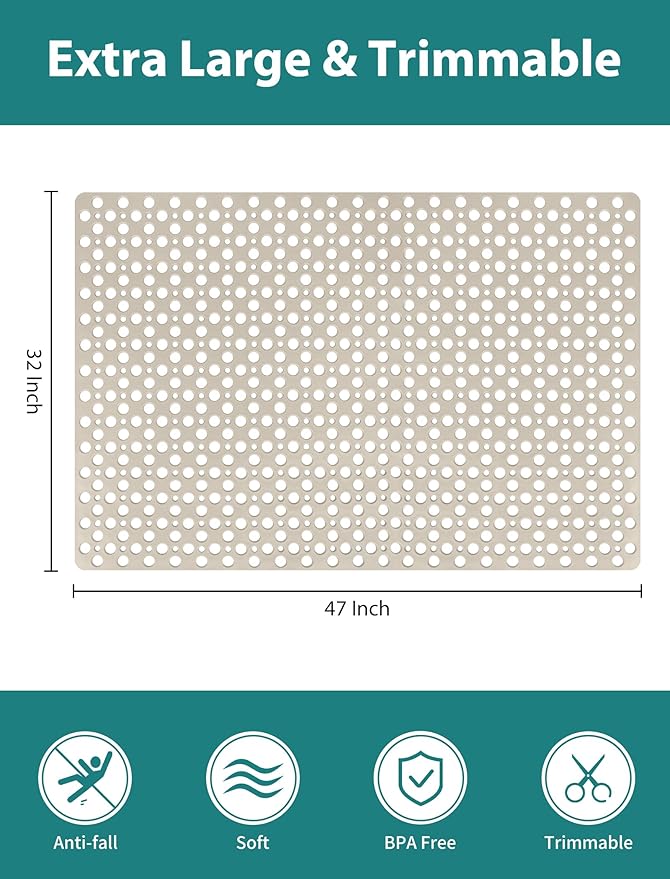 Extra Large Shower Mat, Yonala 47 x 32 Inch Non Slip Shower Mats for Inside Shower, Soft TPE Shower Floor Mat with Suction Cups and Drain Holes, Machine Washable Bathroom Shower Mat, Easy to Clean
