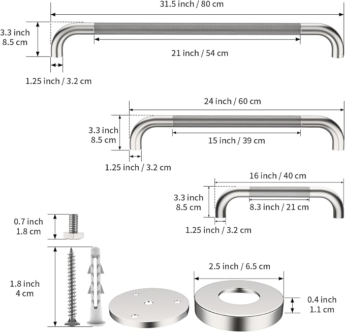 3 Pack Handicap Grab Bar Bundle,Munzong 16" 24" 32" Brushed Nickel Bathroom Bar for Shower, 1.25" Diameter Anti Slip Commercial Stainless Steel Balance Bar,Safety Hand Rail for Elderly Injury Senior
