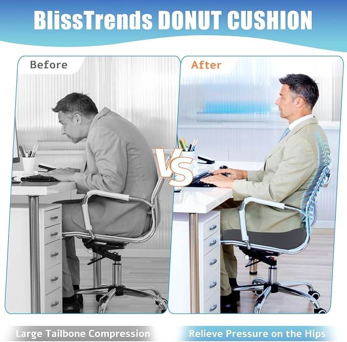 BlissTrends Donut Pillow Seat Cushion, Donut Chair Cushions for Postpartum Pregnancy & Hemorrhoids, Tailbone Pain Relief Cushion, Memory Foam Lifting Cushions for Office & home Chairs (Grey, XX-Large)