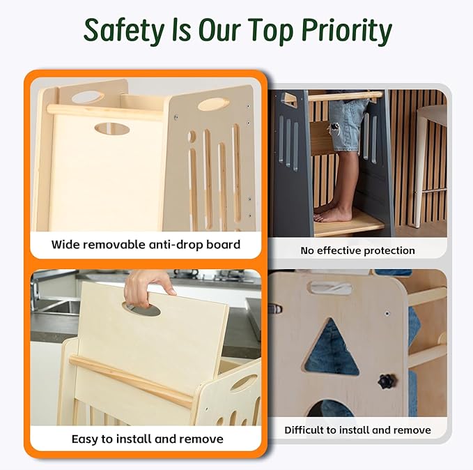 Toddler Tower,Height-Adjustable Step Stool with Sliding Safety Door,Easy to Adjust Height,Suitable for Kids from 18 Months to 5 Years Old,Anti-tilt Kitchen Step Stool with Safety Feet-Natural