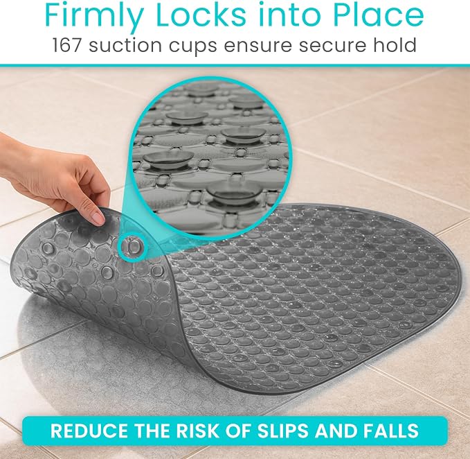 Vive Oval Bathtub Mat - Nonslip Shower Floor Pad - Non-Slip and Non-Skid for Bath Tub with Strong Rubber Suction Cup Grip - for Baby, Elderly, Kids, Bathroom (Gray)
