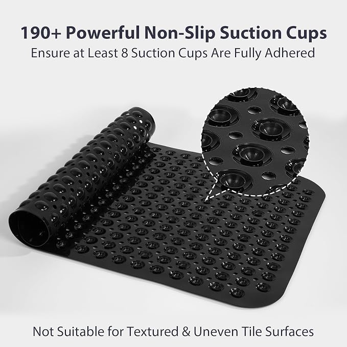 Black Bathtub Mat Shower Mat Non Slip 17x30 Inch Standard Size, Soft Bubble Bath Tub Mat Shower Mats for Inside Shower Bathroom Floor Mat with Big Suction Cups & Drain Holes, BPA-Free