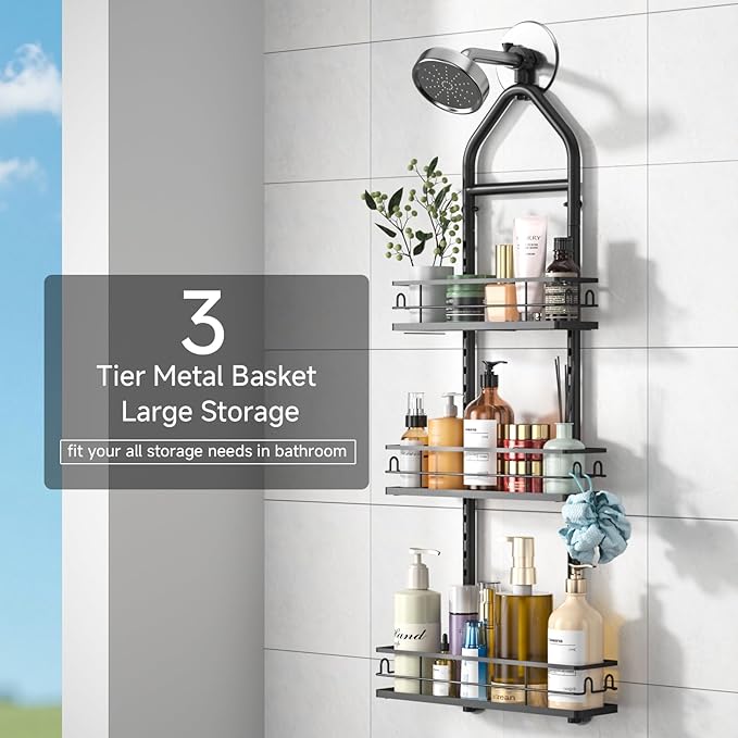 3 Tier Hanging Shower Head Caddy, Adjustable Hanging Shower Caddy Over Showerhead, No Drilling Handing Racks Rustproof for Bathroom Shampoo Soap Storage