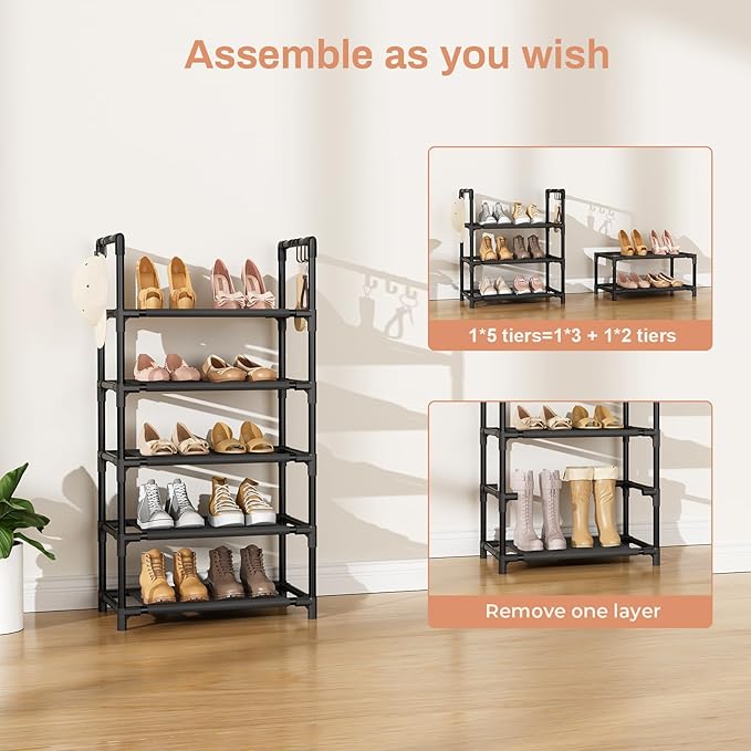 LANTEFUL 5 Tiers Shoe Rack 12-15 Pairs Boots Organizer Storage Sturdy Narrow Shoe Shelf for Entryway, Closets with Hooks, Black